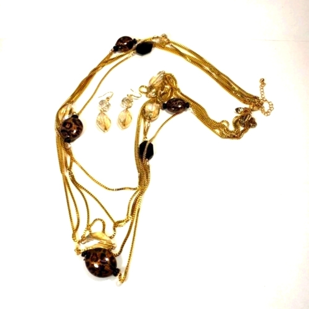 Layered Beaded Gold tone Long Necklace W/ matching Earrings - Women Jewelry